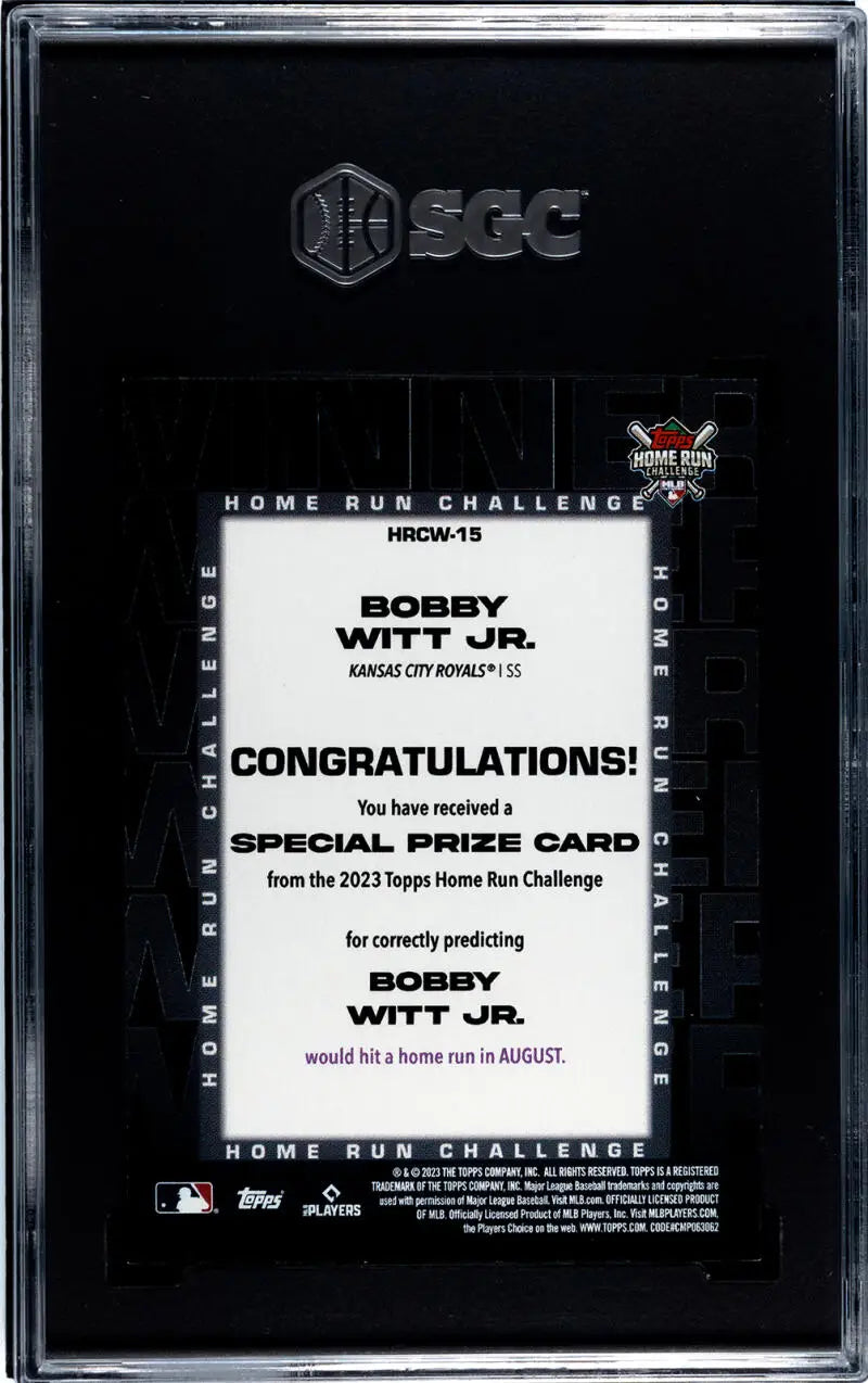 2023 Topps Homerun Challenge Winner Bobby Witt Jr. card featuring special prize design