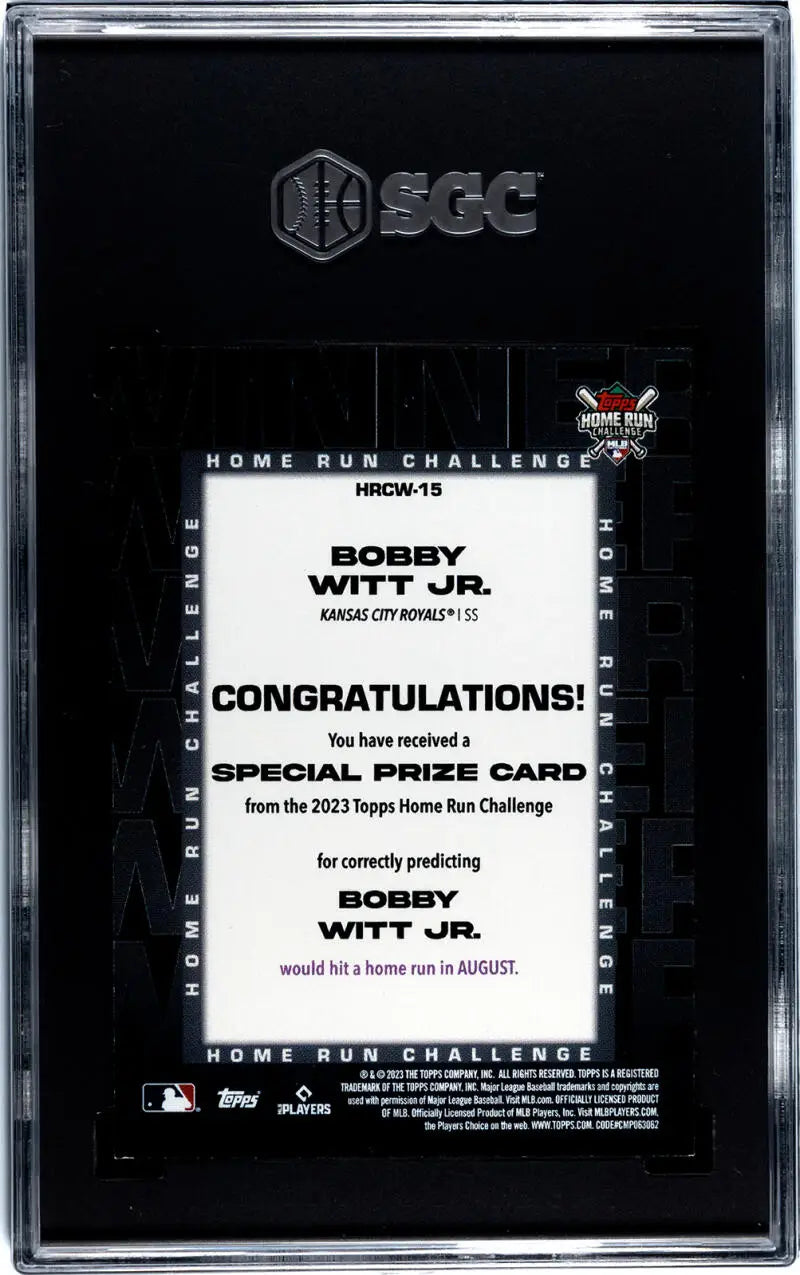 Special prize card from 2022 Topps Homerun Challenge featuring Bobby Witt Jr. Baseball Card