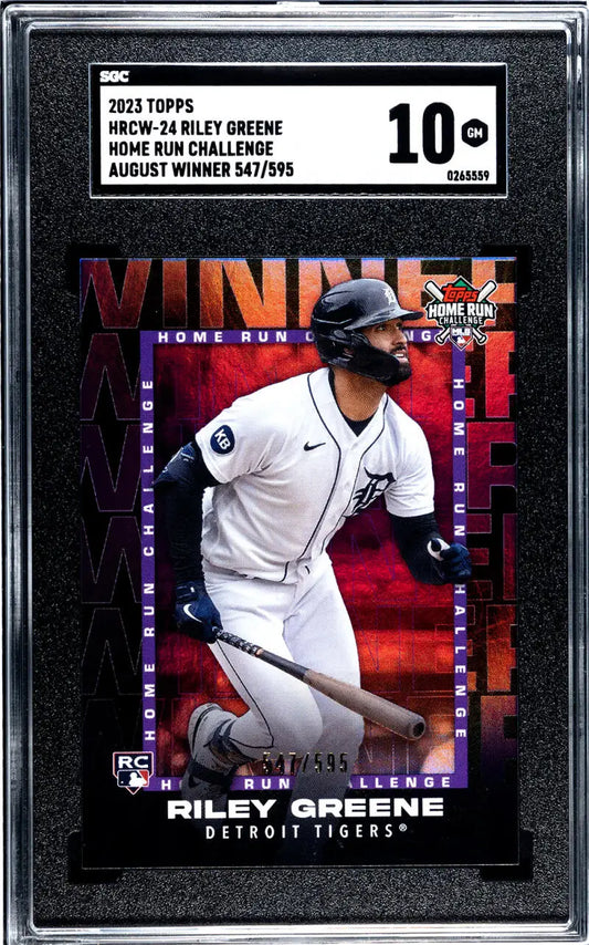 Graded baseball card of Riley Greene in Detroit Tigers uniform on vibrant background