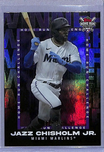 Baseball card of Jazz Chisholm in white uniform for Home Run Challenge Winners