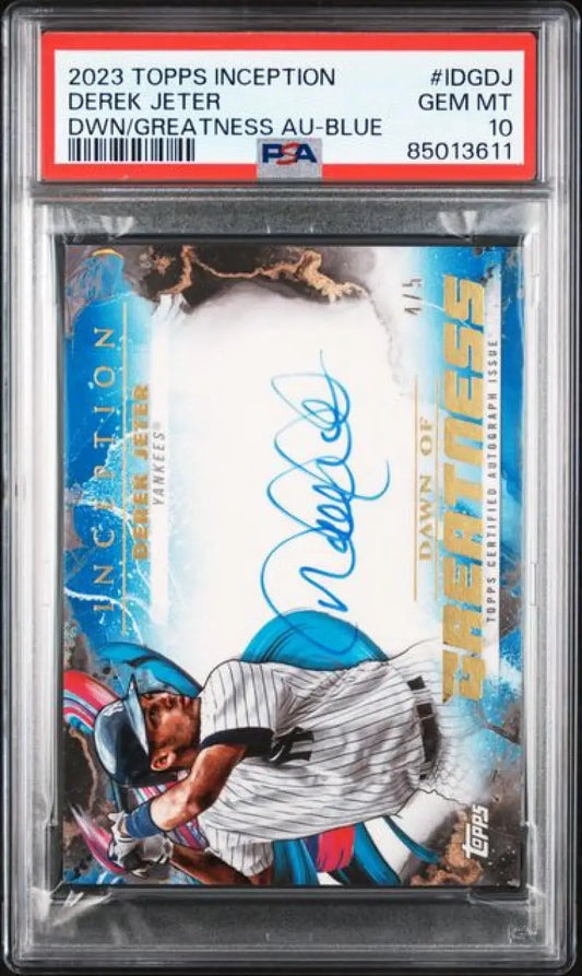 PSA 10 GEM MINT Derek Jeter Yankees card from Topps Inception Dawn with blue autograph