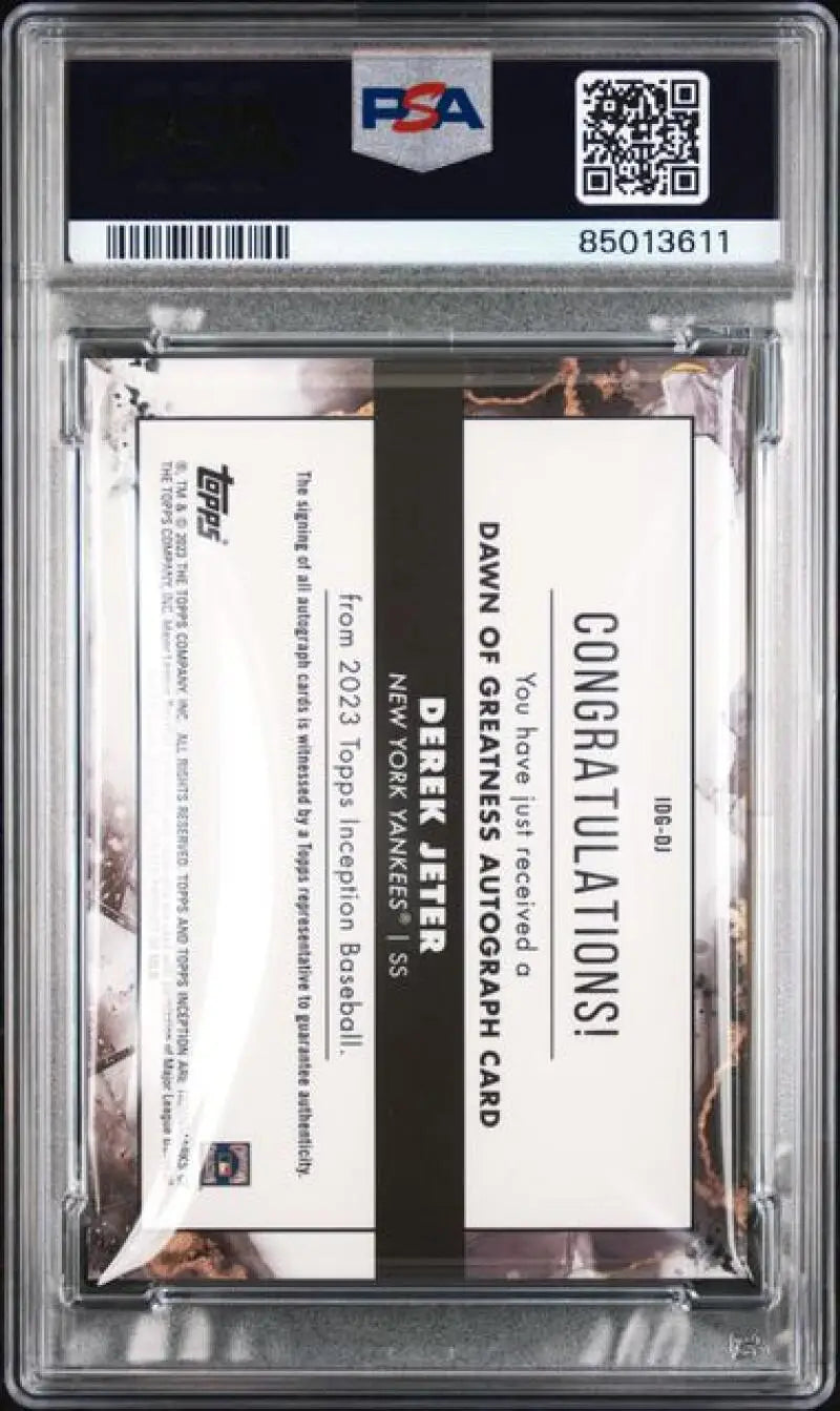 PSA-graded holder showcasing 2023 Topps Inception Dawn Derek Jeter Yankees card