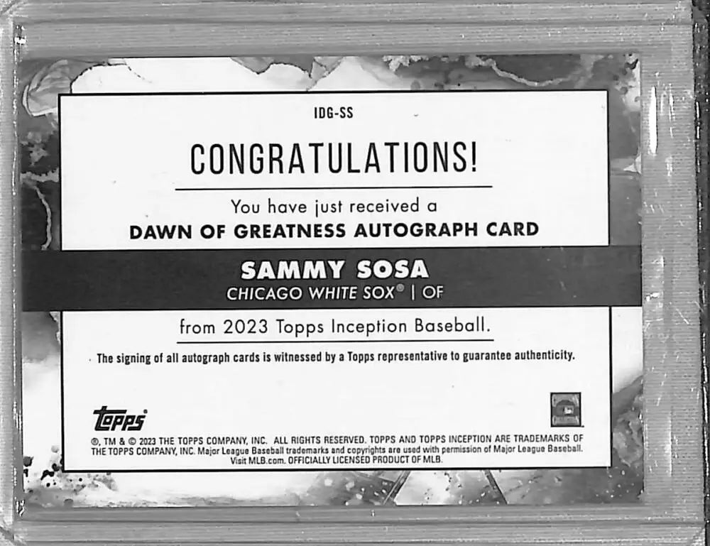 Sammy Sosa autographed baseball card from 2023 Topps Inception, Chicago White Sox