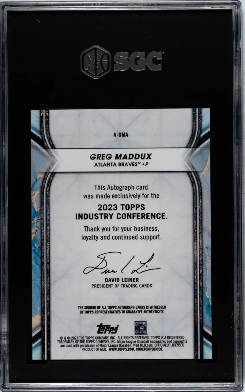 SGC-graded 2023 Topps Industry Conference Greg Maddux Auto card with black and blue design