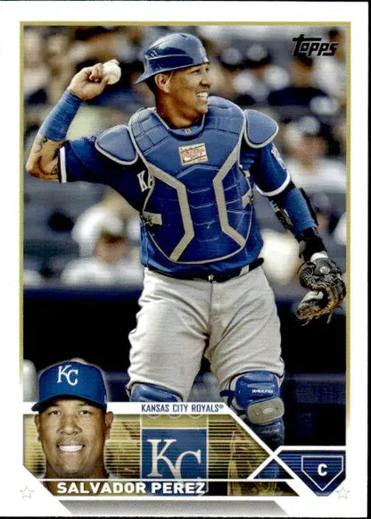 Baseball card of Kansas City Royals catcher Salvador Perez in throwing motion