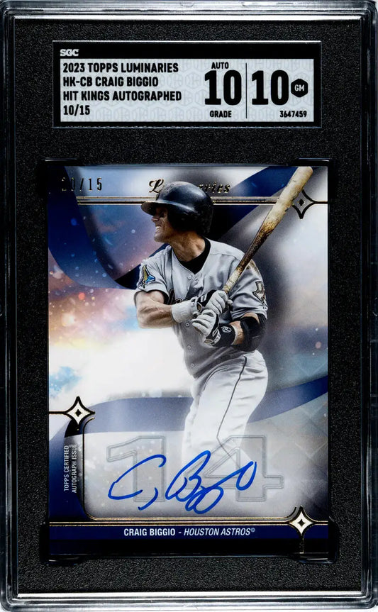 Graded 2023 Topps Luminaries Craig Biggio auto baseball card in protective case