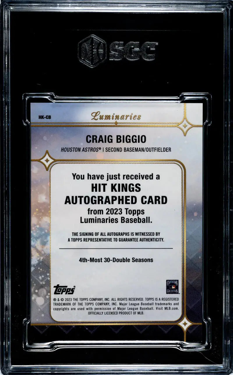 Graded 2023 Topps Luminaries Craig Biggio card in protective case for Houston Astros fans