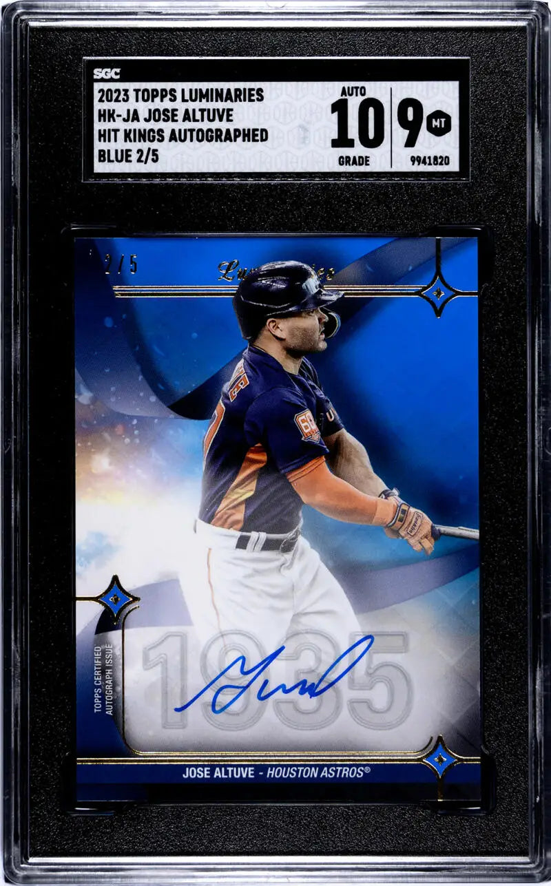 Graded baseball card of Jose Altuve, Houston Astros, featuring blue ink autograph