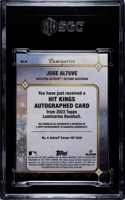 Graded Jose Altuve Houston Astros baseball card in protective case with Hit Kings text