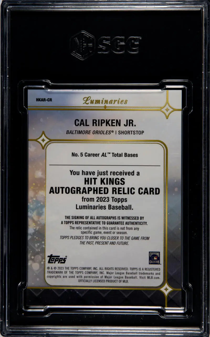 Back of 2023 Topps Luminaries Cal Ripken baseball card with authentication details