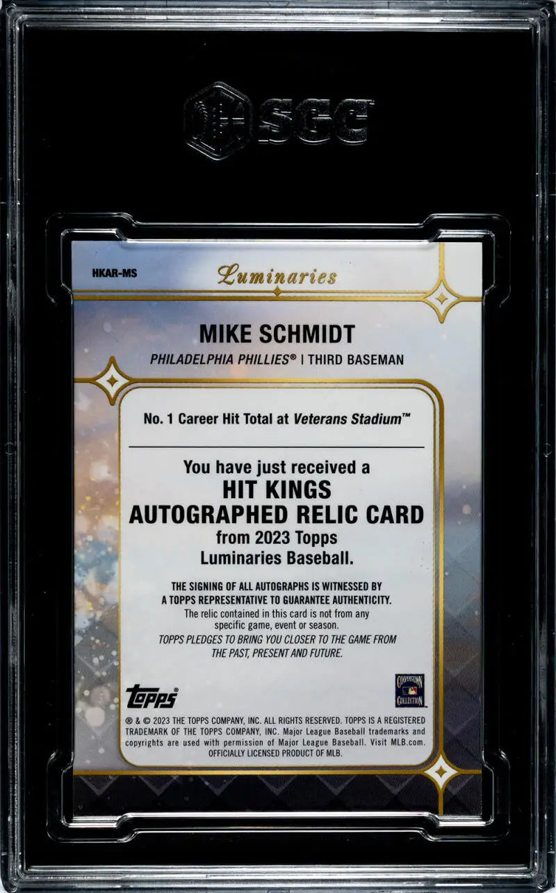 Back side of 2023 Topps Luminaries Mike Schmidt Baseball Card with certification details