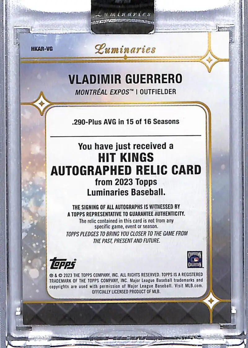 Back of 2022 Topps Hit Kings autographed relic card featuring Vladimir Guerrero Montreal Expos