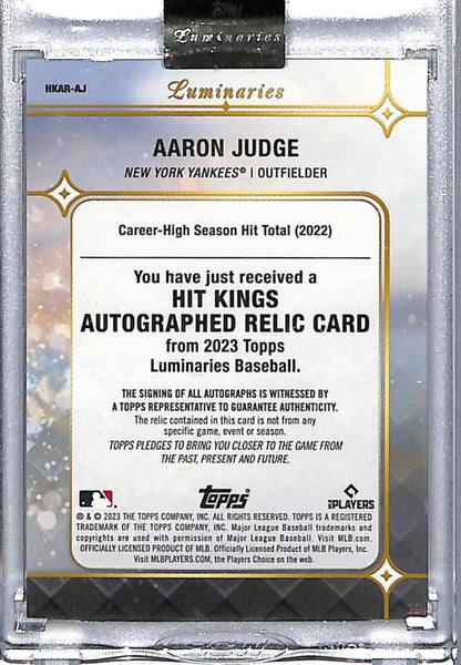 Back of 2023 Topps Luminaries Aaron Judge baseball card with autographed relic piece