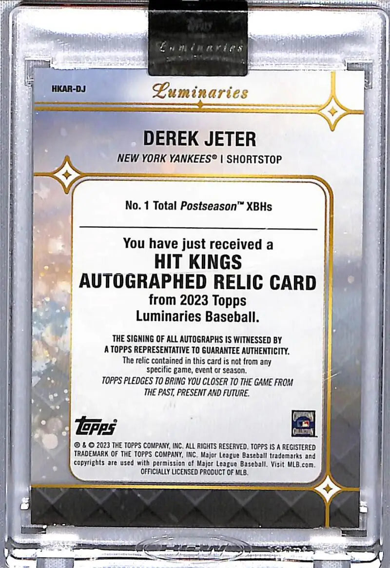 Back side of 2023 Topps Luminaries Derek Jeter Baseball Card with authentication text