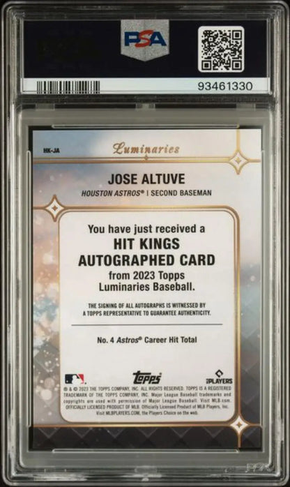 PSA-graded back of 2022 Topps Luminaries HKJA Jose Altuve autographed card