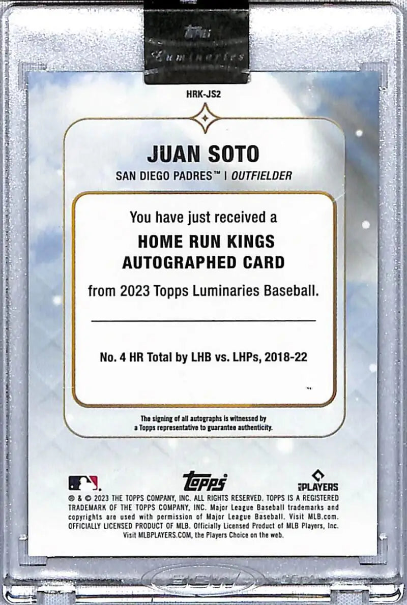 Back of 2023 Topps Luminaries Juan Soto San Diego Padres autograph baseball card