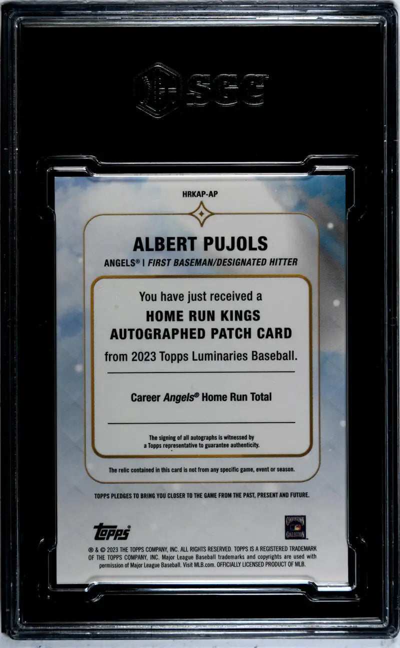 Back side of Albert Pujols autographed patch card from Anaheim Angels baseball card