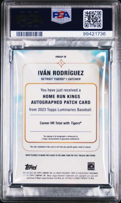 Back of 2023 Topps Luminaries Ivan Rodriguez Baseball Card with PSA authentication and QR code