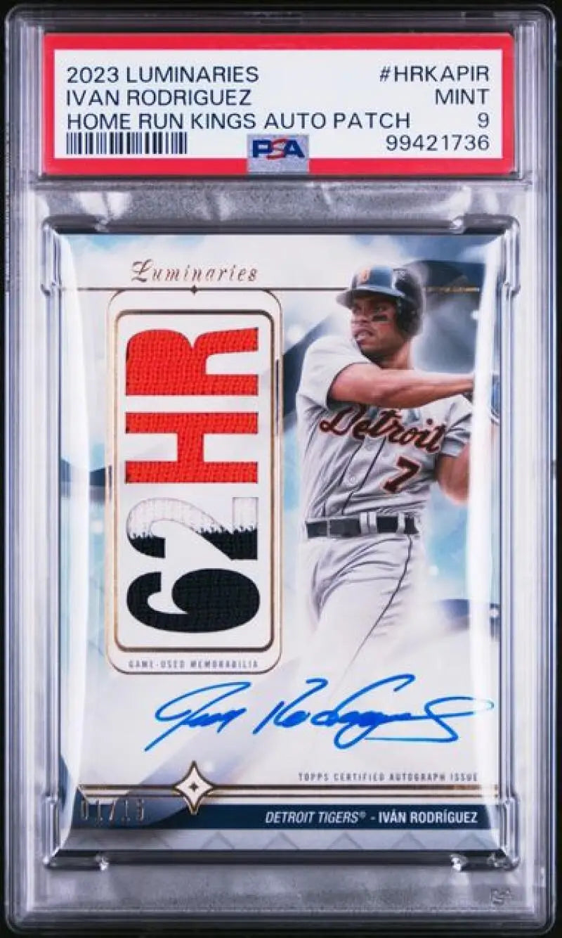 PSA-graded Ivan Rodriguez Topps Luminaries baseball card with jersey patch and auto