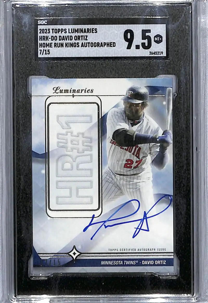 Graded baseball card of David Ortiz in a white uniform, autographed and encased