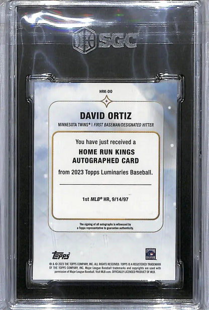 Back of 2023 Topps Luminaries HRKDO David Ortiz card with authentication in protective case