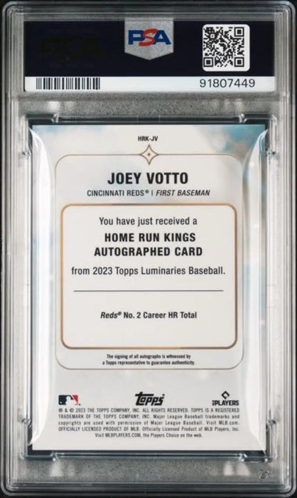 PSA-graded back of 2023 Topps Luminaries HRKJV Joey Votto card for Cincinnati Reds fans