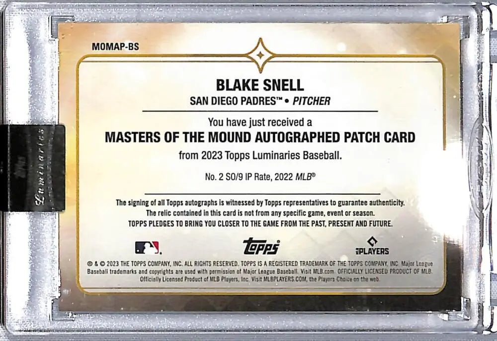 Baseball trading card of Blake Snell from the San Diego Padres 2023 Topps Luminaries set