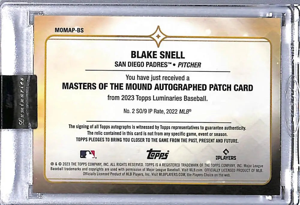 Baseball card authentication certificate for Blake Snell San Diego Padres autographed patch card