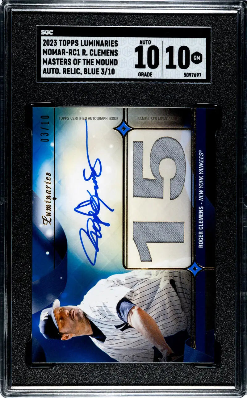 Graded baseball card featuring Roger Clemens autograph and jersey number 15, New York Yankees