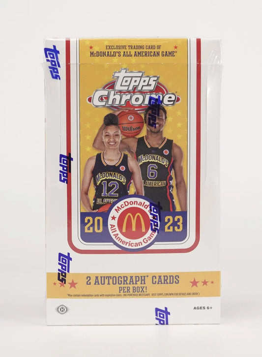 2023 McDonald’s Topps Chrome Basketball pack featuring players in yellow jerseys and red refractor