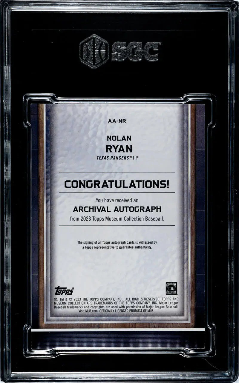 Graded BGS-encased Nolan Ryan Archival Gold congratulatory card for Texas Rangers collectors