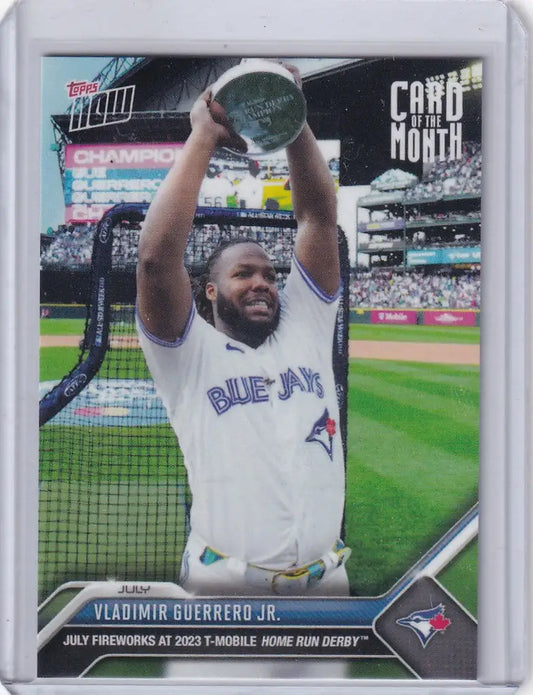 Baseball card of Jul Vladimir Guerrero celebrating with a trophy for Toronto Blue Jays