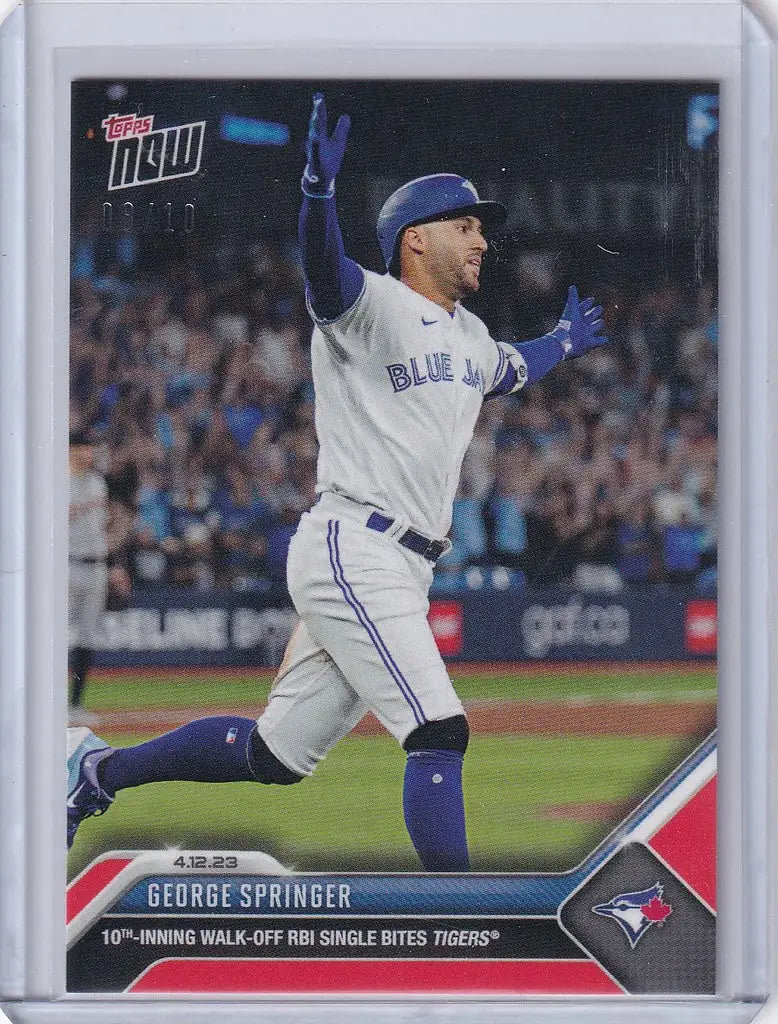 Baseball card of George Springer celebrating for Toronto Blue Jays, 2023 Topps Now Parallel