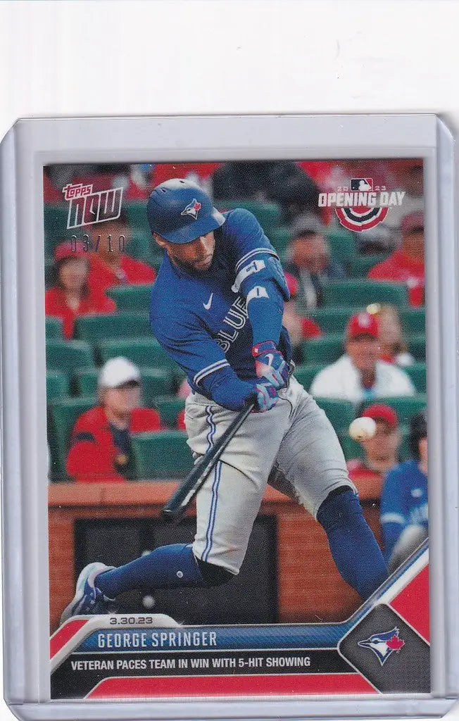 Baseball card of George Springer Toronto Blue Jays swinging bat in 2023 Topps Now Parallel