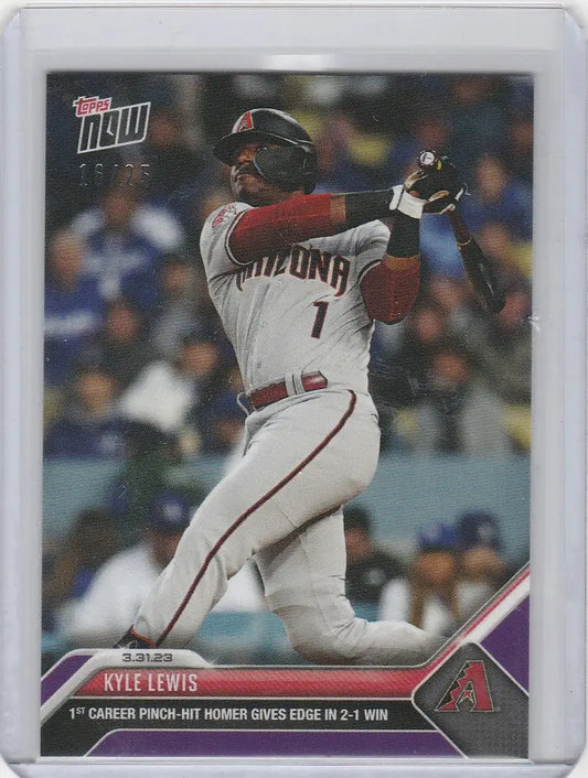 Baseball card of Kyle Lewis mid-swing for Arizona Diamondbacks, 16/25 edition