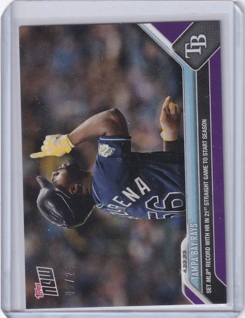 Baseball trading card of Tampa Bay Rays player sliding into base, 2023 TOPPS NOW