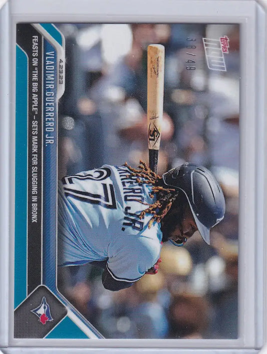 Baseball trading card of Vladimir Guerrero Jr Toronto Blue Jays in light blue uniform