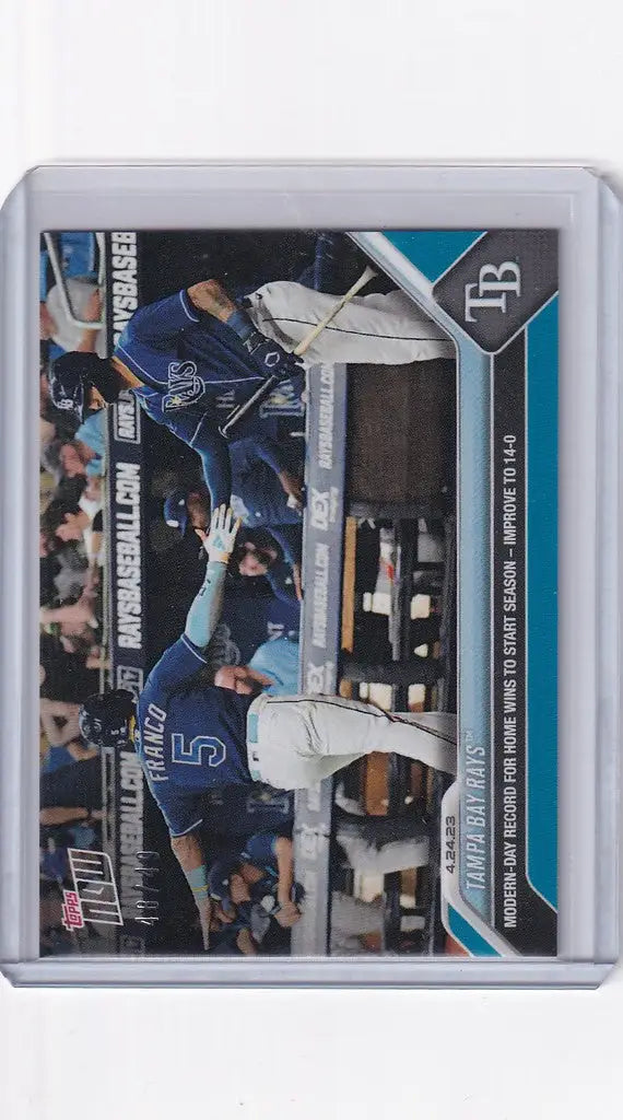 Baseball trading card showcasing Tampa Bay Rays players and game-used equipment piece