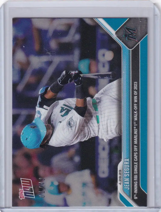 Baseball trading card of Jean Segura sliding into base for Miami Marlins 2023 TOPPS NOW