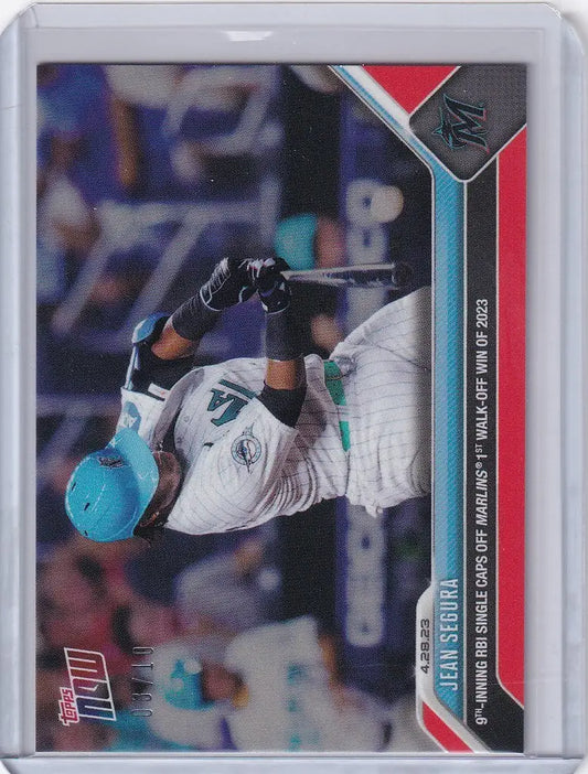 Baseball trading card of Jean Segura sliding into base for Miami Marlins 2023 Topps Now