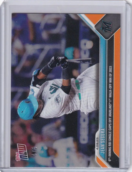 Baseball trading card of Jean Segura in Miami Marlins uniform swinging bat