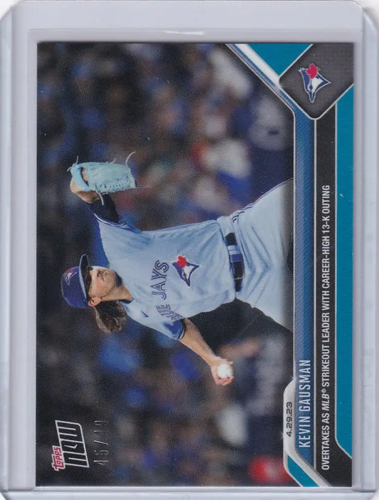 Baseball trading card of Kevin Gausman in Toronto Blue Jays uniform mid-throw