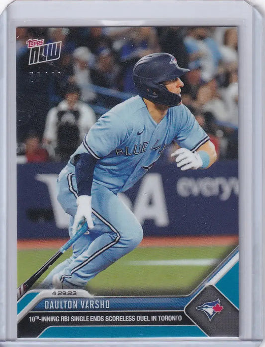 Baseball trading card of Daulton Varsho in Toronto Blue Jays light blue uniform at bat