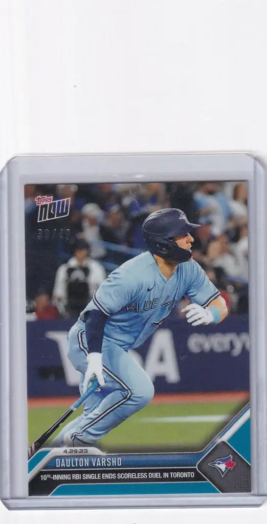 Baseball trading card of Daulton Varsho in light blue uniform for Toronto Blue Jays