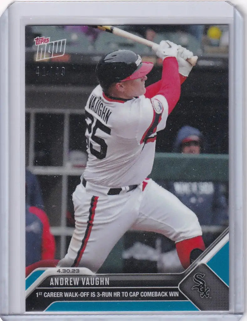 Baseball card of Andrew Vaughn Chicago White Sox mid-swing from 2023 Topps Now