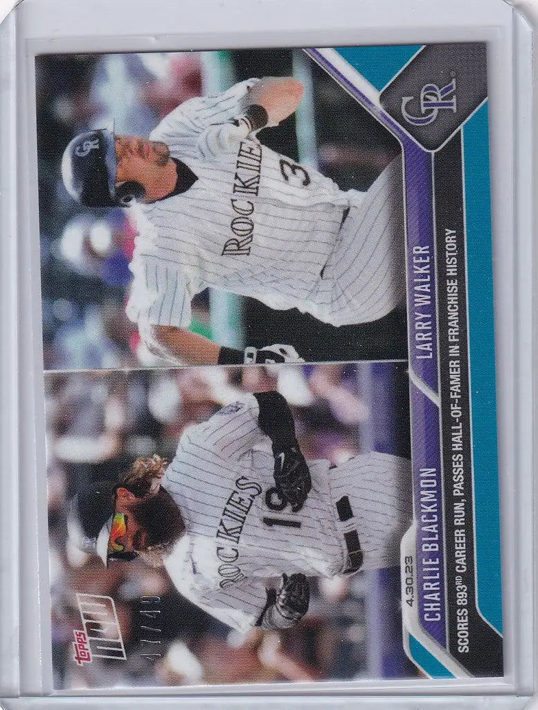 Baseball trading card of Charlie Blackmon Colorado Rockies in white pinstriped uniform