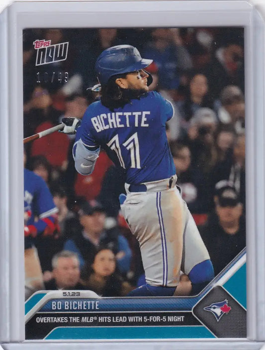 Baseball card of Bo Bichette at bat, jersey number 11, Toronto Blue Jays player