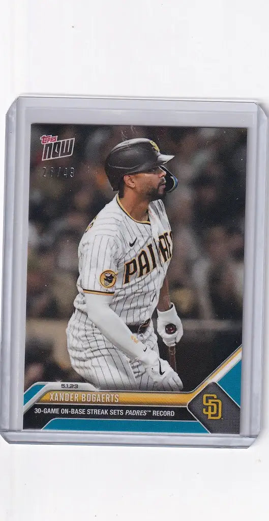 Baseball card of Xander Bogaerts San Diego Padres in white pinstriped uniform