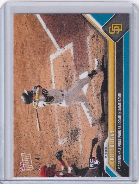 Baseball card of Brett Sullivan San Diego Padres pitching on mound 2023 Topps Now Parallel