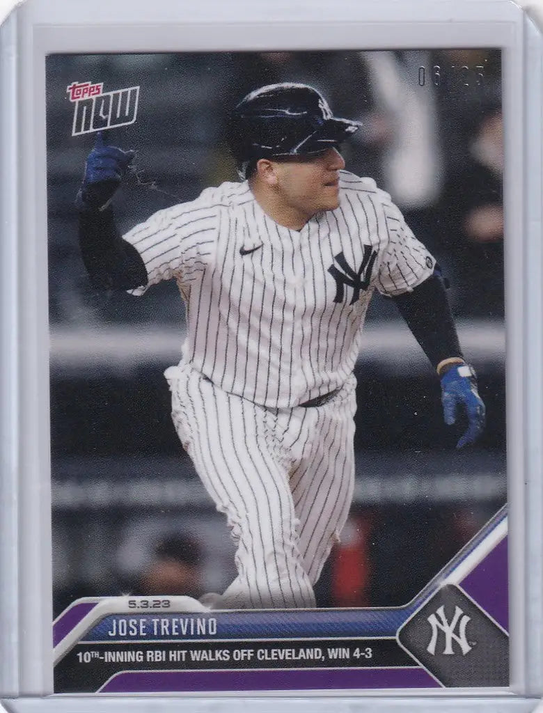 Baseball card of Jose Trevino, New York Yankees player swinging in pinstriped uniform